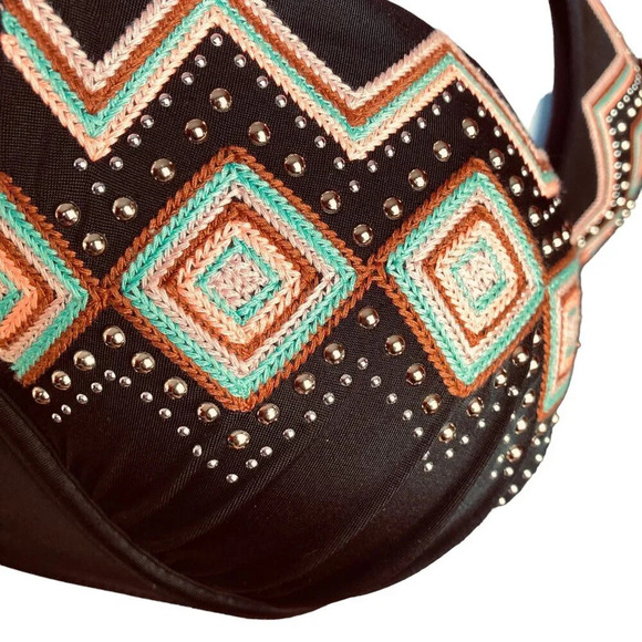 Shade & Shore Bikini Swim Top, 36B, Halter, Black w Studs Embroidery Underwire - Picture 2 of 10